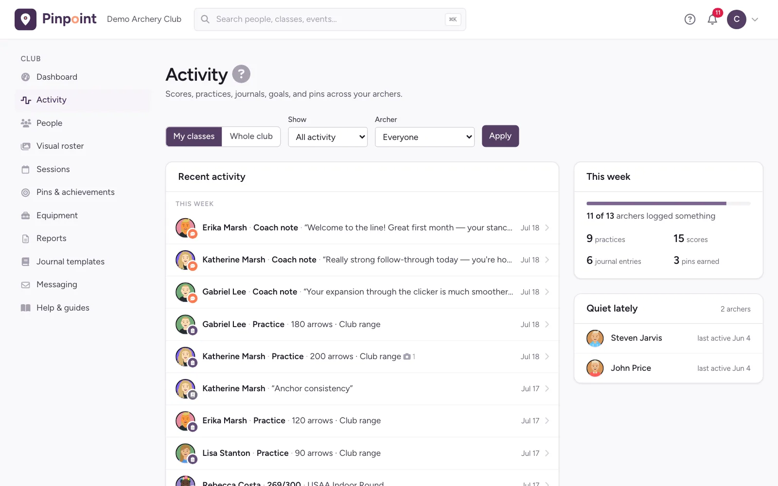 The Activity page: a merged feed of practices, journal entries, scores, and pins across the club, with weekly participation counts.