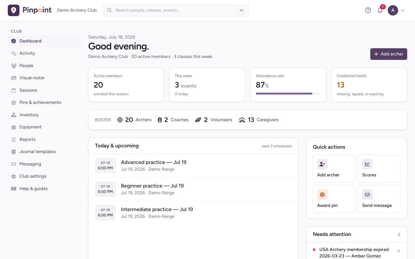 The Pinpoint dashboard: active members, attendance rate, credential health, roster by role, today’s schedule, and quick actions.