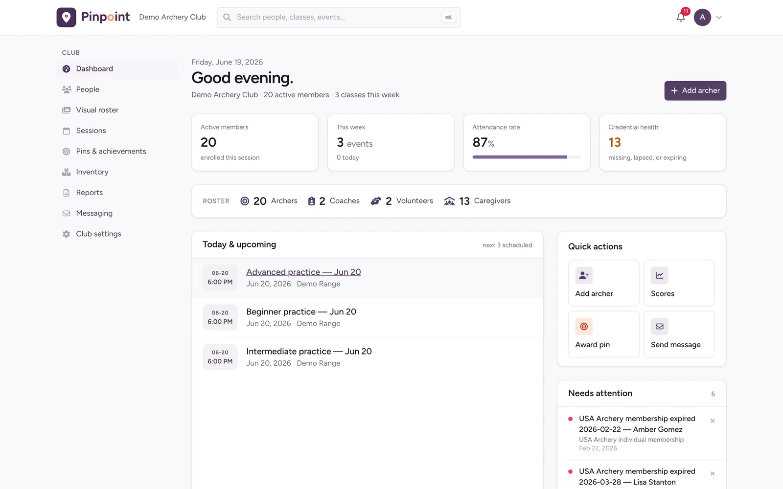 The Pinpoint dashboard: active members, attendance rate, credential health, roster by role, today’s schedule, and quick actions.