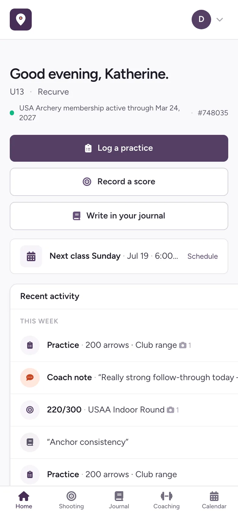 The archer portal home on a phone: a greeting, buttons to log a practice, record a score, or write in the journal, and a recent-activity feed.