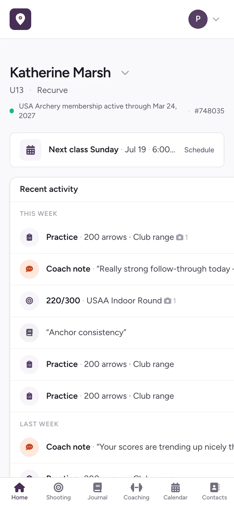 The family portal home on a phone: a child’s name, membership status, next class, and a feed of scores, practices, and notes from the coach.