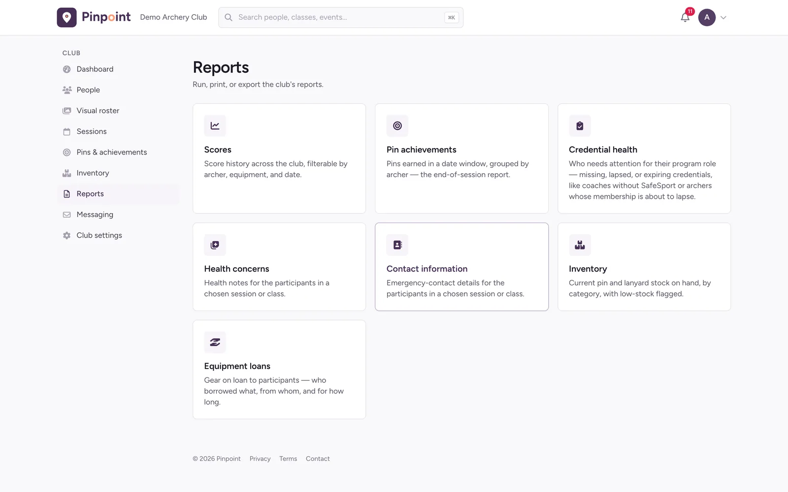 The Reports area: scores, pin achievements, credential health, health concerns, contact information, inventory, and equipment loans.