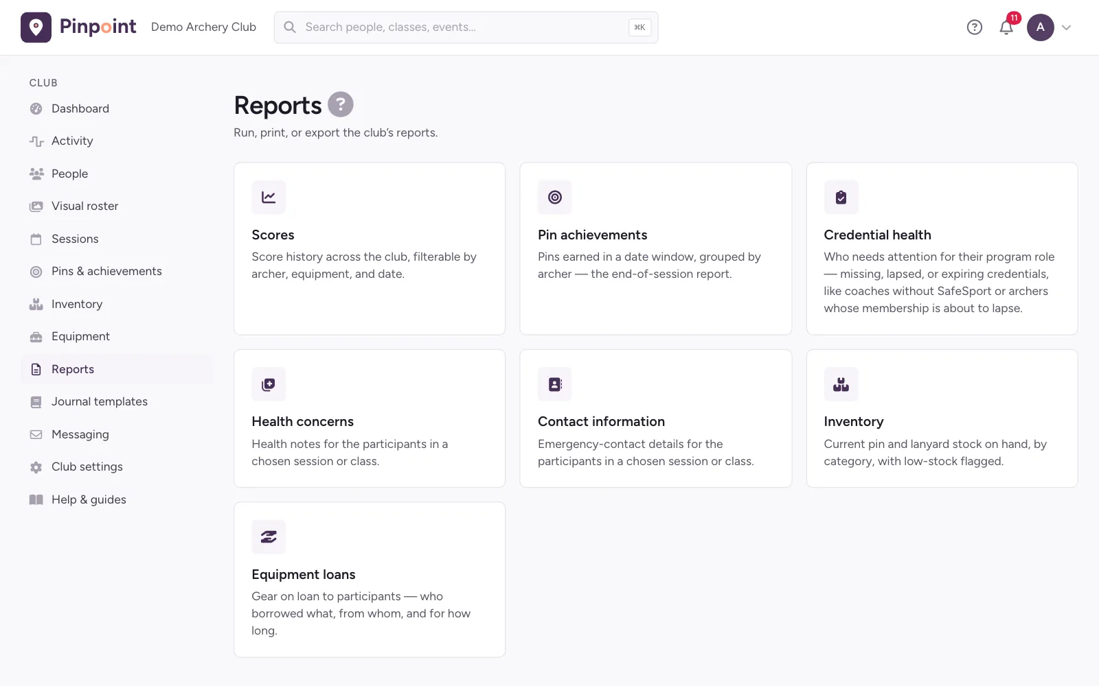 The Reports area: scores, pin achievements, credential health, health concerns, contact information, inventory, and equipment loans.