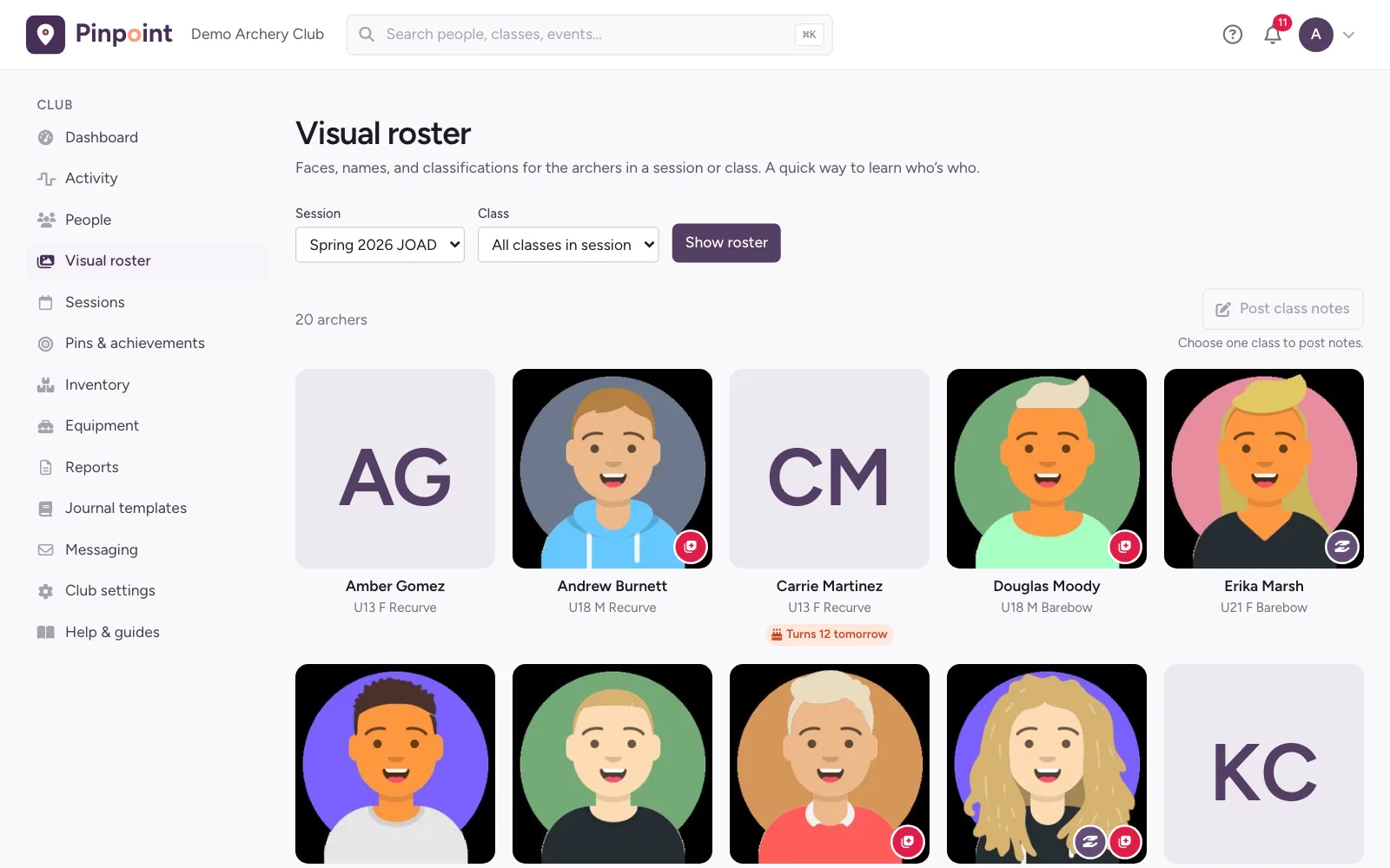 The visual roster: a grid of archer photos with names and equipment classifications.